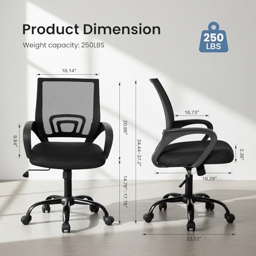 OLIXIS Office Desk Chair - Ergonomic Mid Back with Lumbar Support & Rocking Mode, Height Adjustable with Fixed Armrest, Storage Back for Computer, Gaming, Conference, Meeting, 360° Swivel, Black