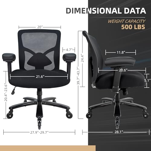 Coolka 500LBS Big and Tall Office Chair with 4D Armrests & Adjustable Backrest, Heavy Duty Office Chair for Heavy People, Memory Foam Seat Filling Springs, Black