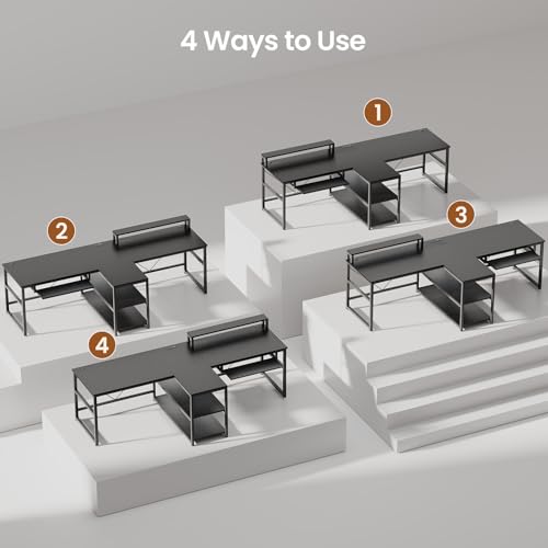 SEDETA 94.5" Gaming Computer Desk, 2 Person Office Desk with Storage, LED Lights, Power Strip, Long Desks with Keyboard Tray & Monitor Stand for Home Office, Carbon Fiber Black
