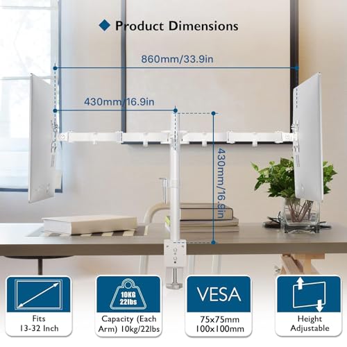 BONTEC Dual Monitor Desk Mount, Full Motion Adjustable White Monitor Stand for 13–27 Inch Screens, Heavy Duty Arms Hold 22 lbs Each, VESA 75x75/100x100, C Clamp and Grommet Base, Cable Management
