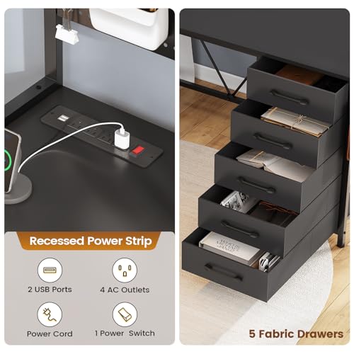 SEDETA L Shaped Gaming Desk with Drawers, L Shaped Computer Desk with Hutch and Storage Shelves, Gaming Desk with Pegboard, Led Lights, and Power Outlet, Home Office Desk, Corner Desk, Black
