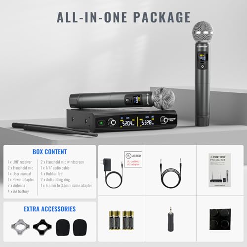 Phenyx Pro Wireless Microphone System, Metal Wireless Mic Set, Handheld Cordless Dynamic Microphones for Singing, Karaoke, Church, 2x30 UHF Tunable Frequencies,200 ft Range (PTU-52-2H)