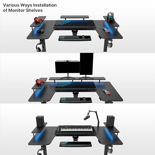 EUREKA ERGONOMIC Standing Desk with Keyboard Tray,U-Shaped 74 Inch Large Gaming Desk,Electric Height Adjustable Music Studio Desk w LED Convertible Shelves