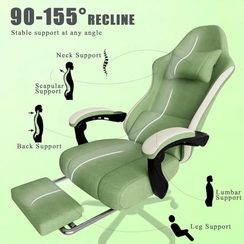 HOTOSYCH Gaming Chair, High Back Fabric Computer Chair with Pocketed Spring Cushion and Footrest, Height Adjustable Game Chair with Headrest and Lumbar Support (Beige & Green)