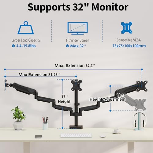 ErgoFocus Triple Monitor Desk Mount for Computer Screens up to 32", Holds up to 19.8 lbs Each, 3 Monitor Arm, Heavy Duty Stand Vesa Mount 75x75, 100x100