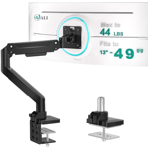 WALI Ultrawide Single Monitor Arm for 13-49 Inch Heavy Duty 1000R Curved Screens, up to 44 Lbs, Adjustable Single Monitor Desk Mount with C-Clamp, Grommet Base, 75/100mm VESA Mount (GSM001XL), Black