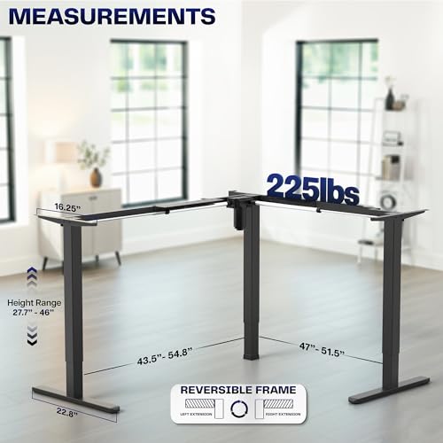 VIVO Medium Electric Single Motor Height Adjustable 3-Leg Corner Desk Standing Frame, Holds up to 225 lbs, Sit Stand L-Shaped Motorized Legs Only, Black, DESK-E355B