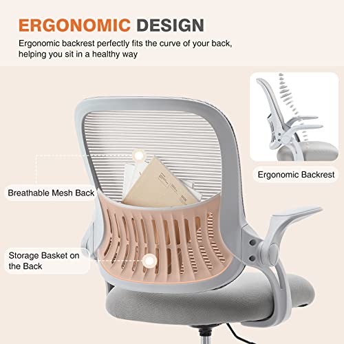 Sweetcrispy Home Office Managerial Executive Chair, Ergonomic Mesh Adjustable Swivel Mid-Back Chair with, Flip-up Arms, Comfortable Lumbar Support, Comfy Arms for Bedroom,Study,Student, Grey