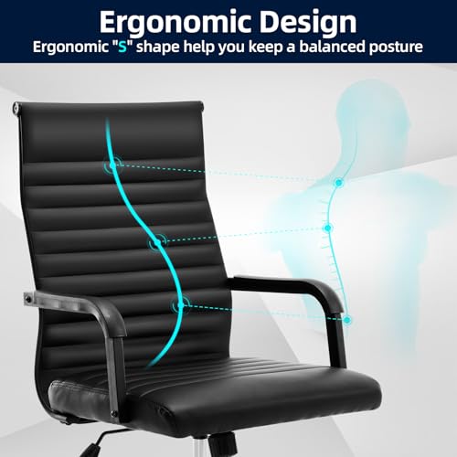 Haranuo Office Chair, Ergonomic Executive Conference Room Chairs, Ribbed Leather Desk Chair with Lumbar Support, Adjustable Height Mid-Back Swivel Chair with Padded Seat and Square Tube Armrests
