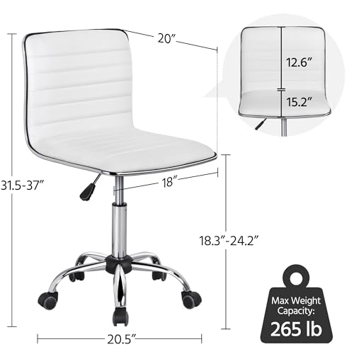 Yaheetech Adjustable Task Chair PU Leather Low Back Ribbed Armless Swivel White Desk Chair Office Chair Wheels