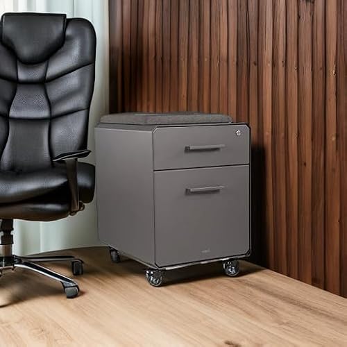 Vari Storage Seat - 2 Drawer Mobile Filing Cabinet for Under Desk Storage - Removable Seat Top - for Home or Office - Lockable Drawers with Heavy-Duty Steel and Roll & Lock Casters - Charcoal Grey