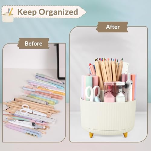 SKYDUE 360 Rotating Plastic Desk Pen Organizer with 5 Slots, Dual-Purpose Art Supply Pencil Cup for Office, School, Home
