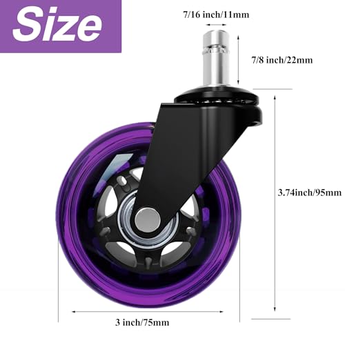 3” Office Chair Wheels Set of 5, 11x22mm Heavy Duty Chair Casters for Hardwood Floor, Smooth Rolling Rubber Caster Wheels Replacement Fits 98% Gaming Chair, Purple