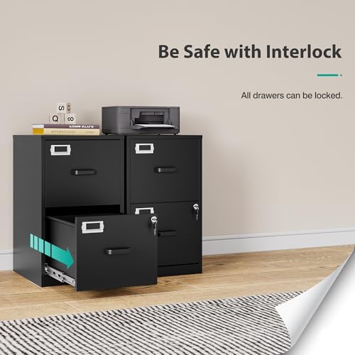 SISESOL 2 Drawer File Cabinet with Lock,Narrow Vertical Filing Cabinet,Under Desk File Cabinets,Black Metal File Cabinets for Home Office,Fit Letter/A4/Legal Size File, Easy Assembly