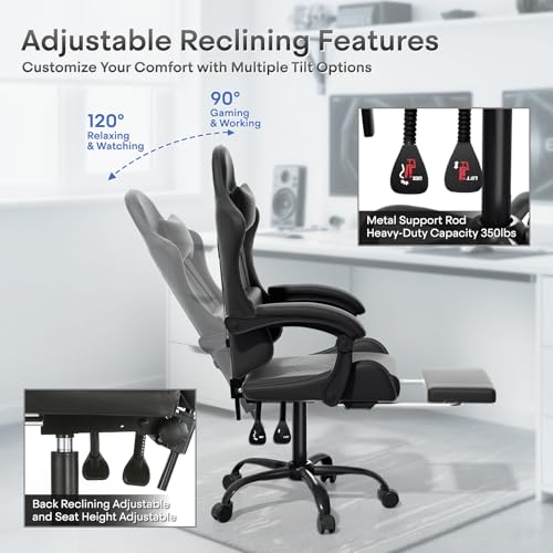 Athena Collection Ergonomic Gaming Chair with Footrest & Headrest Lumbar Support, Height Adjustable Swivel Office Chair Reclining Game Chair High Back Computer Chair for Adults, Carbon Fiber Black