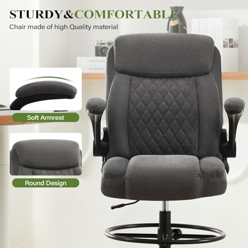 Drafting Chair Tall Office Chair for Standing Desk, Ergonomic Tall Desk Chair with Adjustable Foot Ring, Flip-Up Armrests, Lumbar Support, Comfortable Fabric Seat – Ideal for Home and Office Use