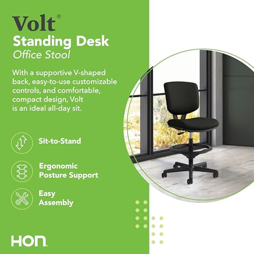 HON Volt Standing Desk Chair with Bonded Leather Seat and Back, Armless Ergonomic Task Stool with Adjustable Footring and Center‑Tilt Recline for Sit‑Stand Workstations, Black