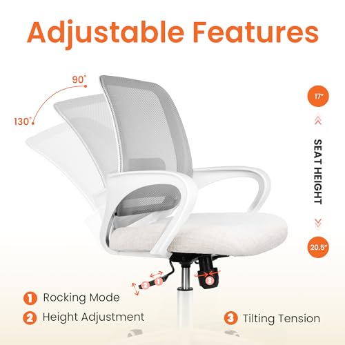 NEO Chair Office Desk Computer Ergonomic Chair Comfy Mid Back Mesh Seat with Lumbar Support Adjustable Height Swivel Rolling Wheels for Home Task Vanity Study Bedroom (Ivory-White Frame)
