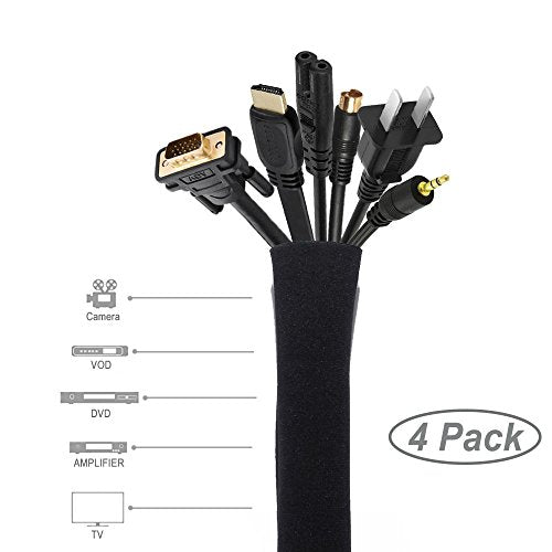 JOTO 4 Pack Cable Management Sleeve, 19-20 Inches Cord Organizer System with Zipper for TV Computer Office Home Entertainment, Flexible Cable Sleeve Wrap Cover Wire Hider System -Black