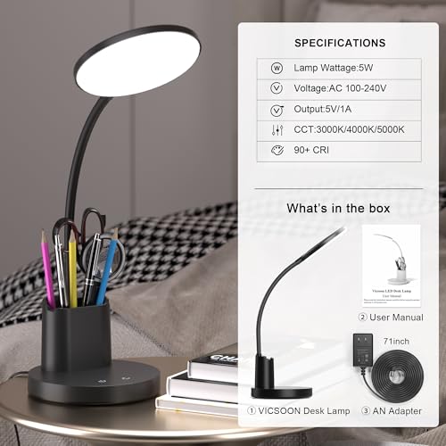 Vicsoon Desk Lamp, LED Desk Lamps for Home Office, Touch Table Lamp with 3 Color Modes 360° Adjustable Arm, Dimmable Desk Light with Pen Phone Holder for College Dorm, Black