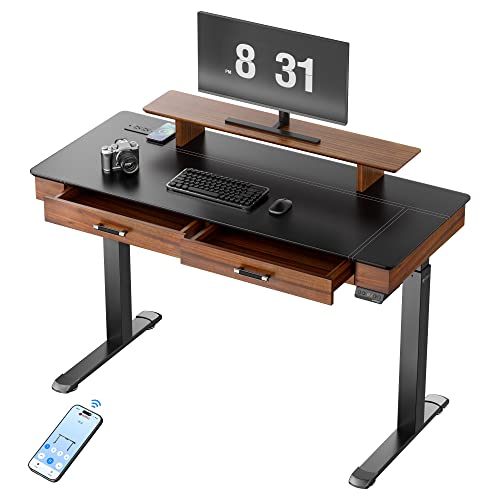 EUREKA ERGONOMIC Adjustable Desk Leather Electric, 55 Inch Height Executive Standing Desk with Drawers, Sit Stand Workstation for Home Office,Monitor Shelf,Wireless Charging – Black & Brown