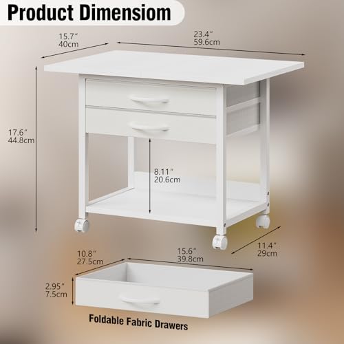VENNQD Large Printer Stand with Storage Fabric Drawer Under Desk Printer Table with Wheels for Home Office, Printer Cart fit Fax Machine Scanner 23.4"x15.7" (White, 2 Tiers)