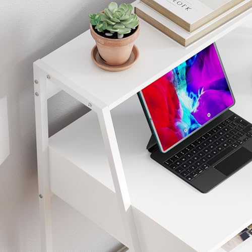 HOMCOM Home Office Desk, Computer Desk with A Frame for Small Spaces, Writing Table with Drawer and Storage Shelves, White