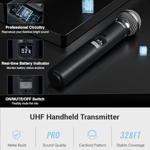Phenyx Pro Wireless Microphone System, Dual Wireless Mics,w/ 2 Handhelds, Auto Scan,2x100 UHF Frequencies,328ft Range,Dynamic Microphone for Singing, Karaoke, Church(PTU-71-2H)