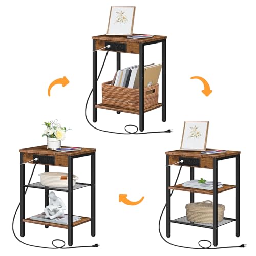 HOOBRO Side Table with Charging Station and USB Port, Small End Table for Small Space, 3-Tier Nightstand with Adjustable Shelf, for Living Room, Bedroom, Rustic Brown BF112BZ01
