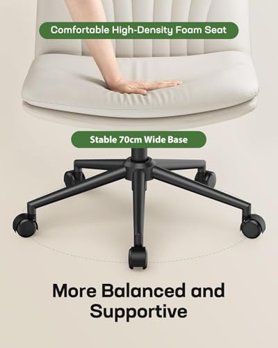 Marsail Armless-Office Desk Chair with Wheels: PU Leather Cross Legged Wide Chair,Comfortable Adjustable Swivel Task Chairs for Home,Office,Make Up,Small Space,Bed Room(Light Beige)