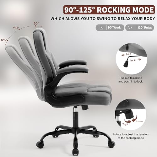 Nexthro Executive Office Chair PU,Leather Office Chair with Wheels,360° Swivel Rolling Chair with Padded Arms,Ergonomic Computer Chair with Lumbar Support for Short People Use (Grey)