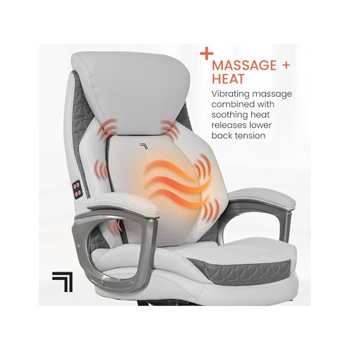 Sharper Image S600 Active Lumbar Ergonomic Bonded Leather Swivel Executive Massage Chair, White/Gray