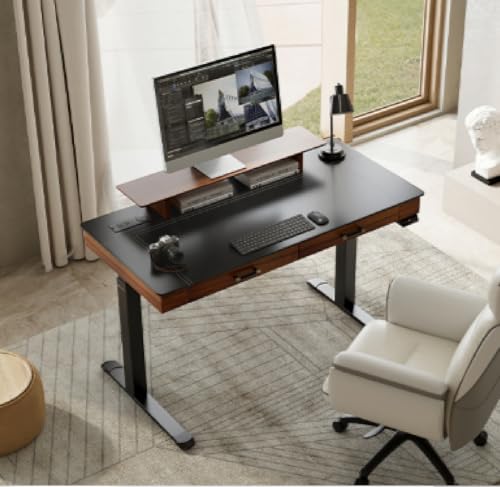 EUREKA ERGONOMIC Adjustable Desk Leather Electric, 55 Inch Height Executive Standing Desk with Drawers, Sit Stand Workstation for Home Office,Monitor Shelf,Wireless Charging – Black & Brown