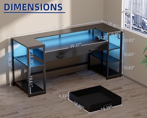 Pamray 58 Inch Computer Desk with Monitor Stand and Shelves Gaming Desk with LED Lights & Power Outlets PC Vanity Table with 2 Drawers for Home Office Black