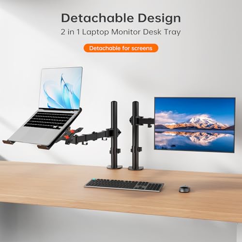 Afaloona Single Monitor and Laptop Mount for 13-32 Inch Screen or 11-17 Inch Notebook, Fully Adjustable Monitor Arm with Removable Vented Tray, Supports Up to 18 lbs, C-Clamp, VESA 75x75/100x100mm