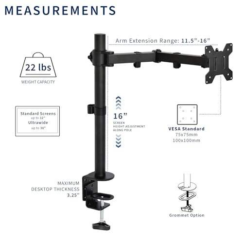 VIVO Single 13 to 38 inch Ultrawide Monitor Arm Desk Mount, Regular Screens up to 32 inches, 22 lbs capacity, Fully Adjustable Stand with C-Clamp and Grommet Base, Black, STAND-V001