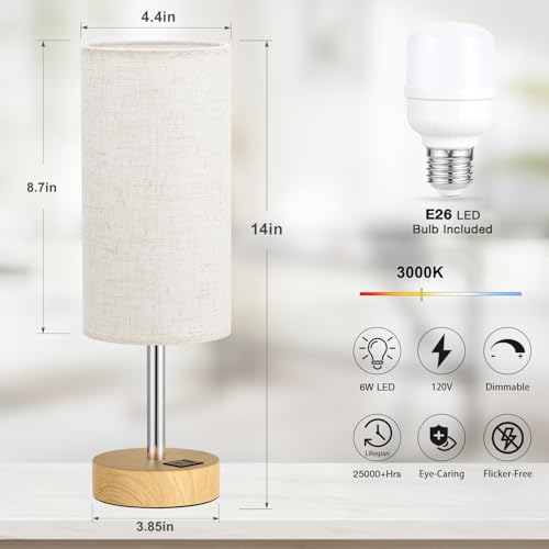 Dicoool Touch Bedside Table Lamp with USB - 3 Way Dimmable Wood Lamp for Bedroom Nightstand, Desk Lamp with Charging Station for Dorm, Living Room, Office, Kids Room, Small, 14in