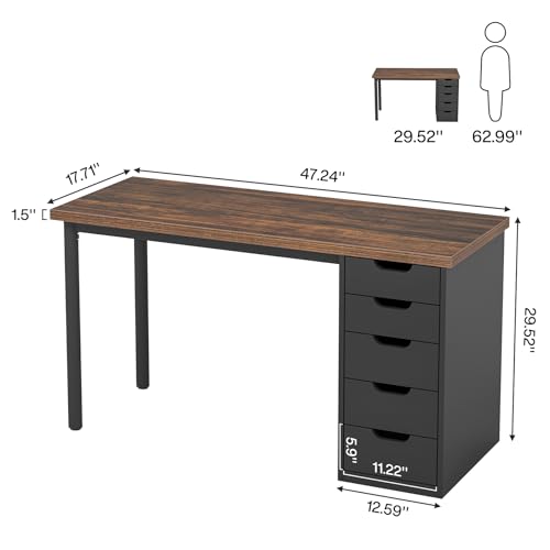 Tribesigns Computer Desk with 5 Drawers, 47 inches Rustic Brown Home Office Desk with Storage, Modern Simple Laptop Desk Study Writing Table for Small Spaces (1, Brown+Black)