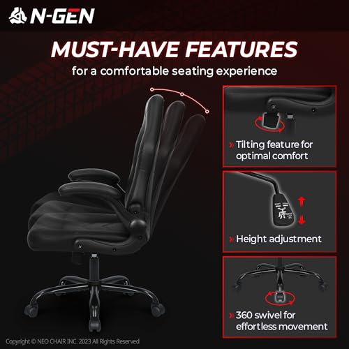 N-GEN Video Gaming Chair Ergonomic Computer Desk Office Chair with Lumbar Support Adjustable Height Swivel Wheels Flip-Up Arms PU Leather Home and Office (Black)