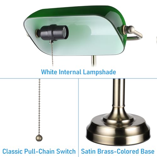 TORCHSTAR Green Glass Bankers Desk Lamp, Antique Desk Lamps with Brass Finish Base, Traditional Library Lamp with Pull Chain, E26 Base, Vintage Desk Lamp for Office, Study Room