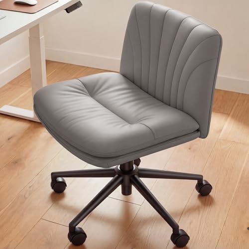 Marsail Armless-Office Desk Chair with Wheels: PU Leather Cross Legged Wide Chair,Comfortable Adjustable Swivel Computer Task Chairs for Home,Office,Make Up,Small Space,Bed Room, Grey
