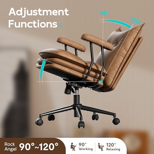 Sucrever Brown Leather Office Chair with Triple-Layer Seat, Home Desk Chair