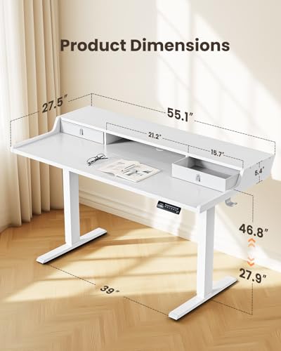 ErGear Electric Standing Desk with Drawers, 55″ x 28″ Gaming Table Compatible Monitor Stand, Stand up Desks, Home Office Height-Adjustable Desk with Storage Shelf, 4 Preset Heights, White