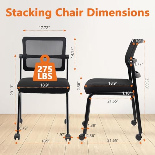 CLATINA 12PK Mesh Stacking Office Desk Chairs with Wheels, Portable Stackable Bulk Waiting Room Armless Chair with Adjustable Back & Fabric Seat for Guest Lobby Side School Church Conference Break