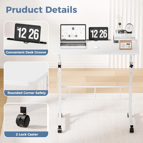 DUMOS 31.5" Adjustable Height Mobile Desk with Locking Wheels & Pin-Lock, Portable Workstation for Walking Pad & Active Home Office, Small Bedroom Desk, White