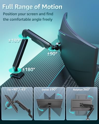ErgoFocus Heavy Duty Single Monitor Arm for Max 42 Inch Screens, Monitor Mount for Desk Supports 4.4-33 lbs, Height Adjustable Ultrawide Monitors Stand with C-Clamp & Grommet Base, VESA Mount 70/100
