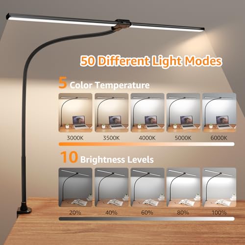 ShineTech LED Desk Lamp for Home Office, Ultra Bright Clamp Light with Flexible Gooseneck, 25 Lighting Modes, Eye-Caring Architect Lamp for Dual Monitors, Reading & Gaming Setup