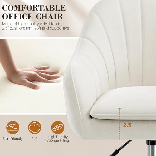 BestEra Vanity Chair with Wheels, Comfy Home Office Desk Chairs Adjustable Modern Velvet Makeup Vanity Chairs for Bedroom Living Room-Beige
