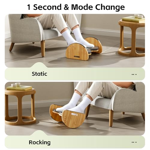 Ergonomic Under Desk Bamboo Footrest, 3-in-1 Reversible Rocking Footrest with Footpads, 4 Adjustable Heights Office Foot Stool, Large Anti-Slip Surface, Improves Posture and Blood Circulation