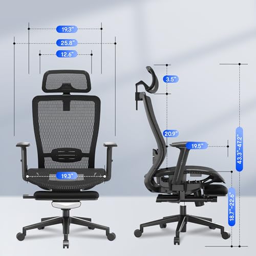 FLEXISPOT Ergonomic Office Chair with Footrest, Mesh High Back Computer Chair, Home Office Desk Chairs, with Adjustable Lumbar Support/2D Headrest/Reliable Base, Breathable Mesh Seat, Black, OC3 AIR-F